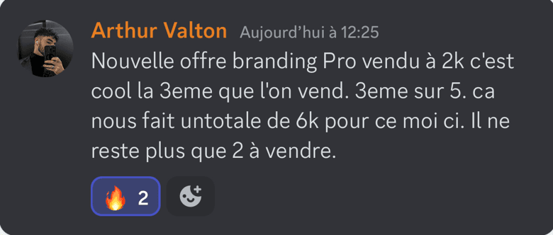 Discord message: new branding offer sold at €2k, €6k for the month