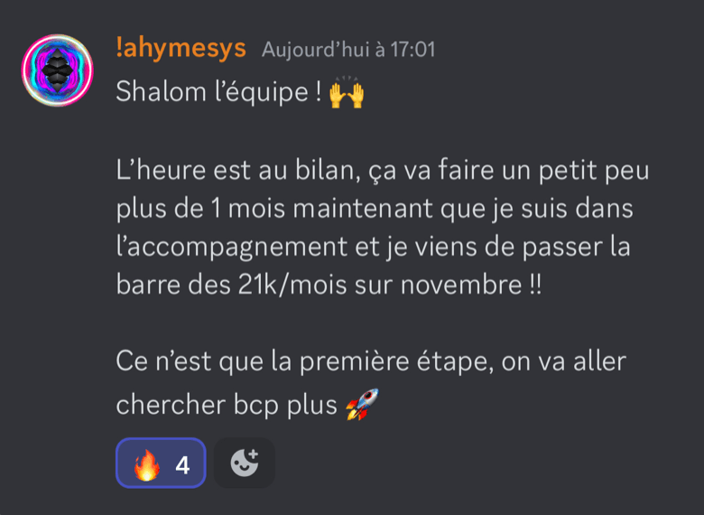 Discord message: a client passes €21k/month after one month in the program
