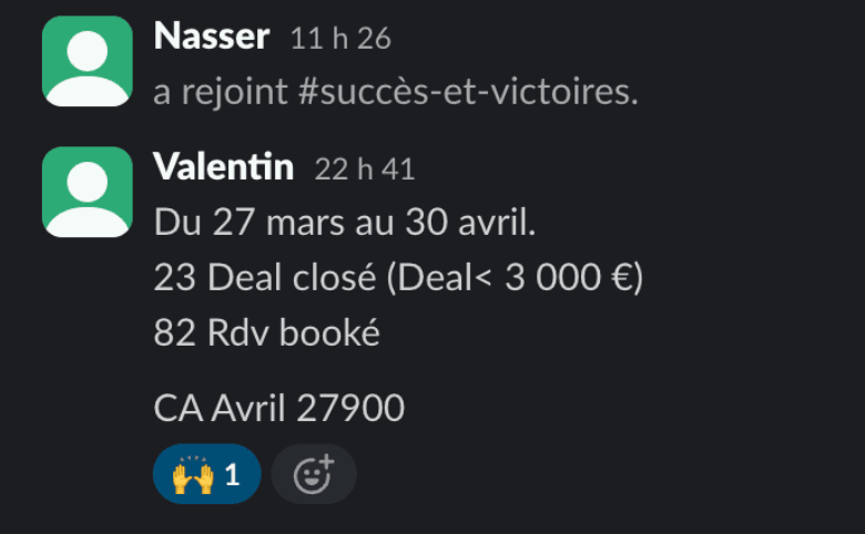 Slack message: 23 deals closed and 82 calls booked from March 27 to April 30, €27,900 in revenue