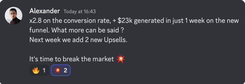 Discord message: conversion rate multiplied by 2.8 and $23k generated in one week on the new funnel