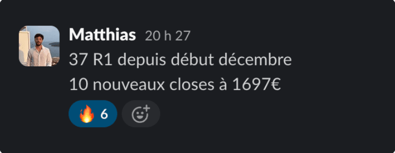 Slack message: 37 calls since early December, 10 new closes at €1,697