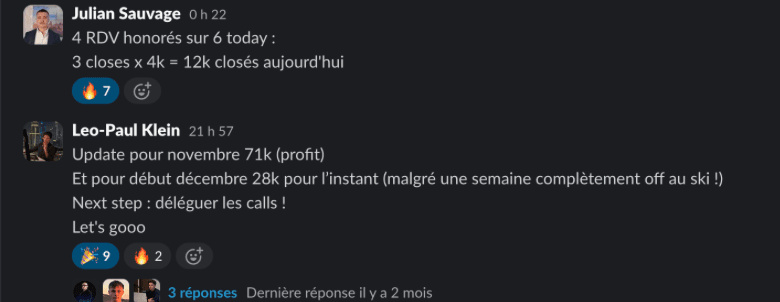 Slack messages: Julian, 3 closes for €12k closed in one day; Leo-Paul, €71k profit in November and €28k in early December