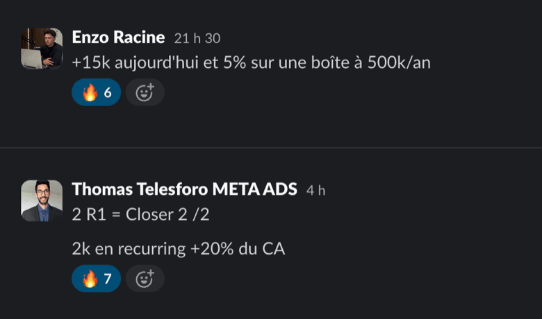 Slack messages: Enzo, +€15k in one day and 5% of a €500k/year company; Thomas, €2k recurring